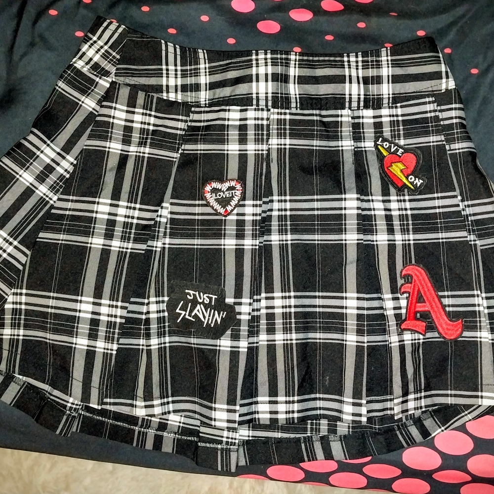 No Boundaries Black and White Plaid Mini Skirt with Patches
